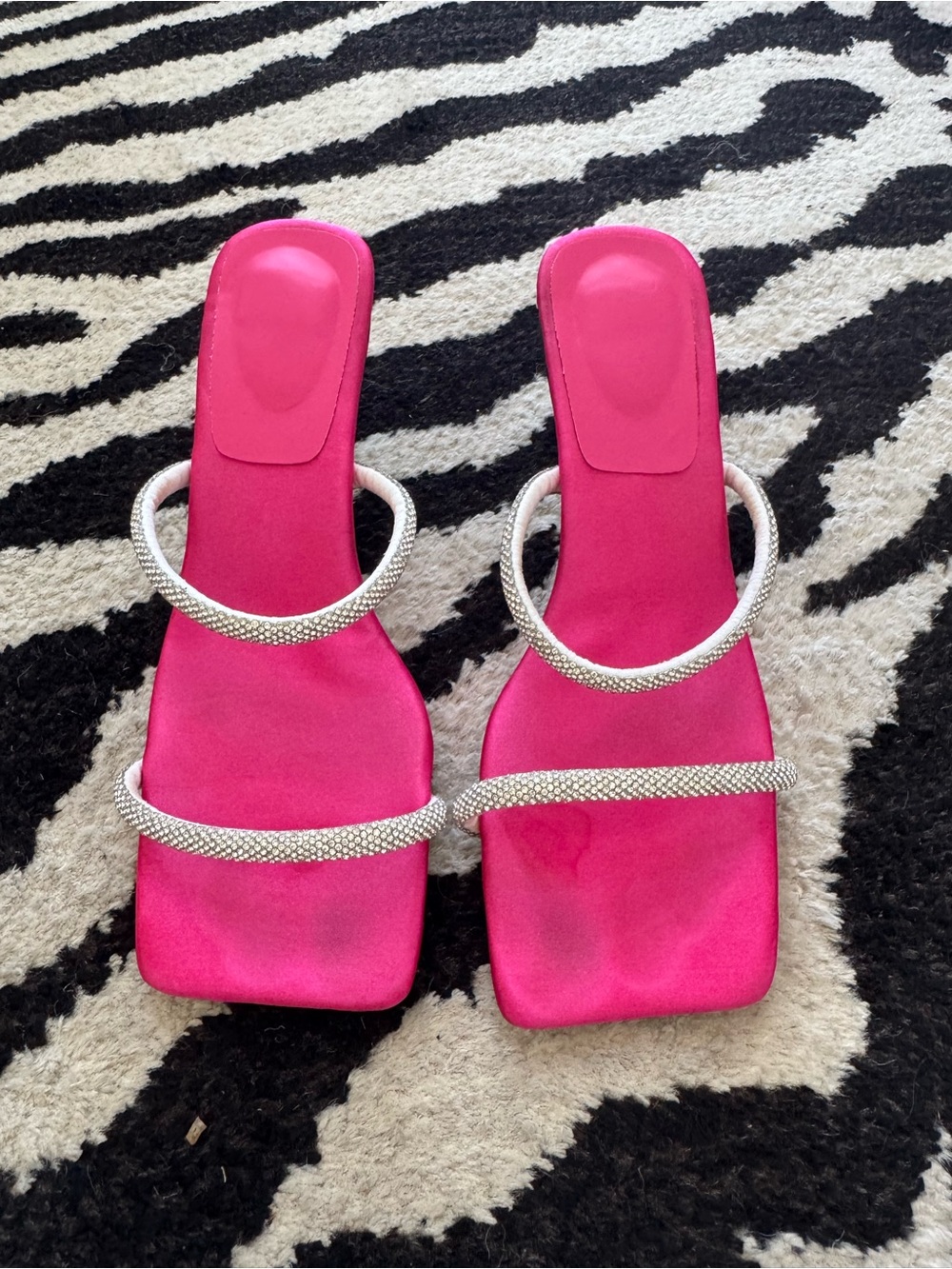 SHEIN Hot Pink Satin Slide Sandals with Rhinestone Double Straps